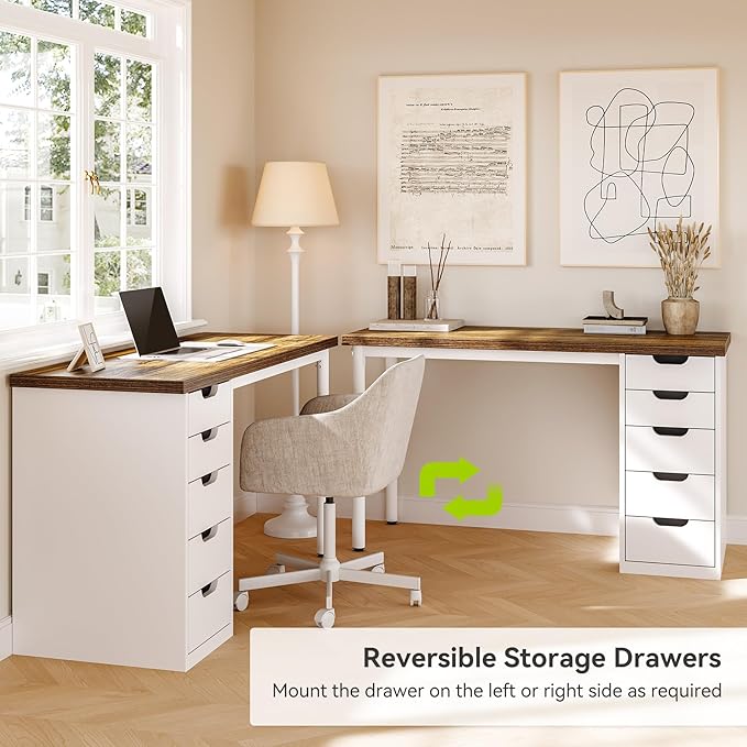 LITTLE TREE Computer Desk with 5 Drawers, 47 Inch Modern Simple Study Writing Desk with Metal Frame, Work Desk for Home Office, Rustic Brown and White