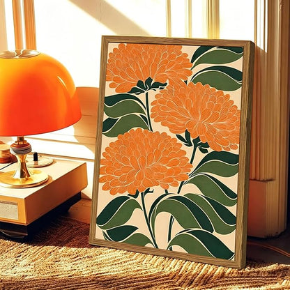 Framed Boho Floral Wall Art, Vintage Orange Flower Canvas Wall Decor Pictures, Mid Century Modern Abstract Botanical Paintings Prints Maximalist Home Decor for living Room Bedroom Office 12x16 inch