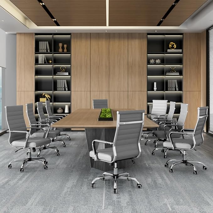 Okeysen Grey Office Desk Chair, Ergonomic Leather Modern Conference Room Chairs, Executive Ribbed Adjustable Swivel Rolling Chair for Home Office.
