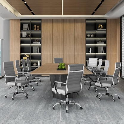 Okeysen Grey Office Desk Chair, Ergonomic Leather Modern Conference Room Chairs, Executive Ribbed Adjustable Swivel Rolling Chair for Home Office.