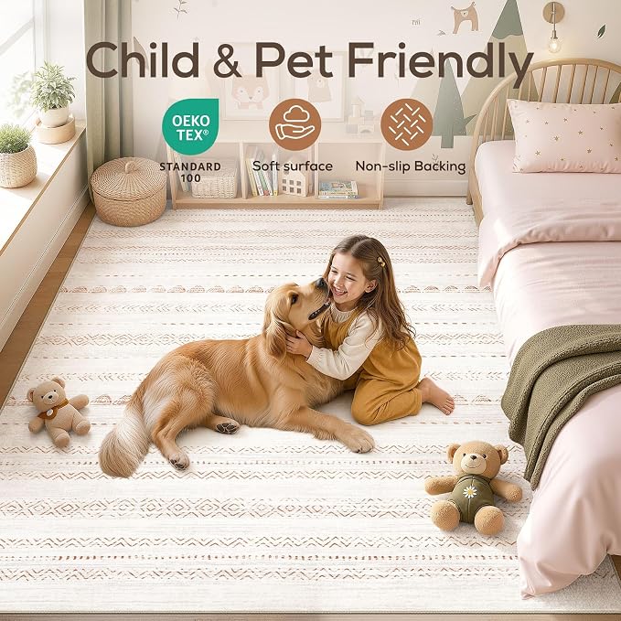 Nakagishi 6x8 Area Rugs Living Room: Washable Boho Large Neutral Soft Farmhouse Rug Stain Resistant Modern Indoor Floor Non-Slip Carpet for Bedroom Nursery Kids Playroom Office Dining Room Dorm- Brown