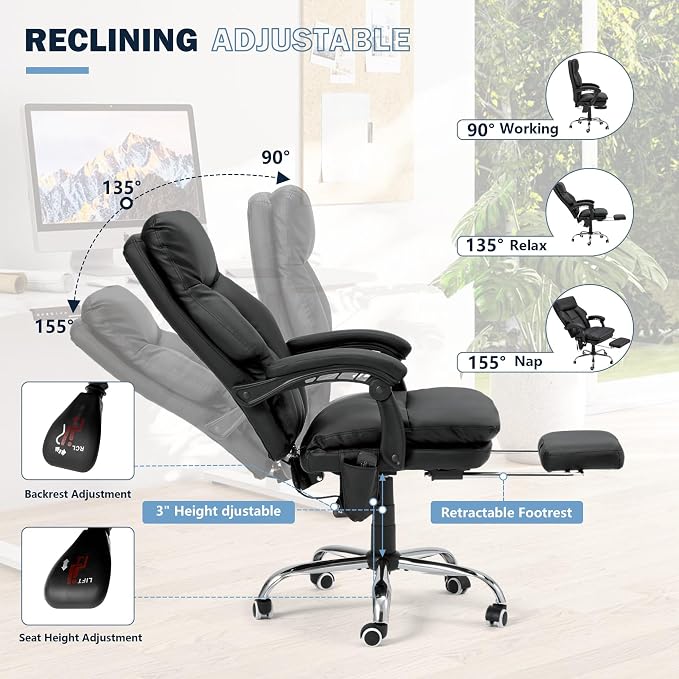 HOMREST Ergonomic Office Chair, PU Leather Black | 6-Point Massage & Heating, Adjustable Executive Desk Chair, Retractable Footrest, Dual-Layer Soft Cushion