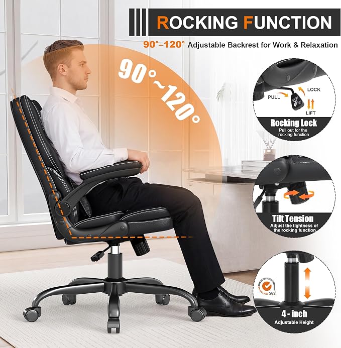 Ergonomic Office Chair with Flip-Up Armrests, Mid Back Executive PU Leather Desk Chair, Height Adjustable with Lumbar Support, Rocking & Swivel Computer Chair for Home Office