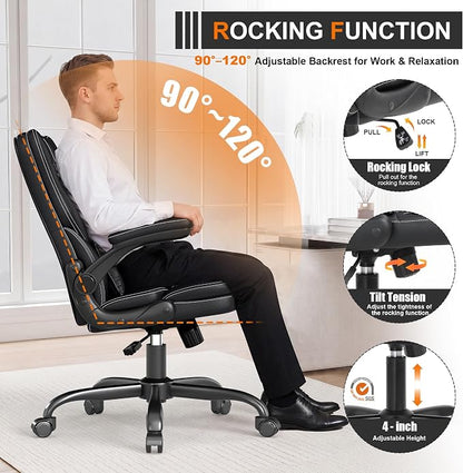 Ergonomic Office Chair with Flip-Up Armrests, Mid Back Executive PU Leather Desk Chair, Height Adjustable with Lumbar Support, Rocking & Swivel Computer Chair for Home Office