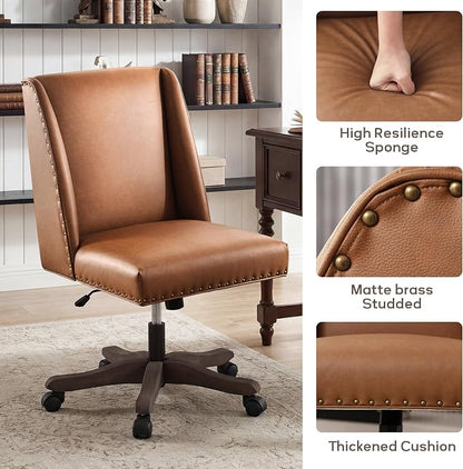 Zihanhome Armless Office Chair with Wooden Legs, Modern Adjustable Home Office Chair Computer Chair Swivel Chair for Home Office Study Studio (PU Brown)