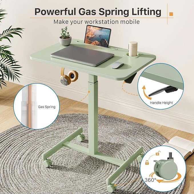 Mobile Standing Desk, 28 inch Rolling Laptop Cart Adjustable Height with Cup Holder, Portable Table with 4 Lockable Wheels, Green Computer Workstation with Hook and Slots for Home Office