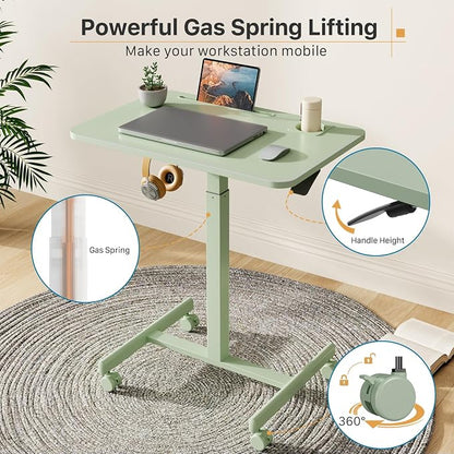 Mobile Standing Desk, 28 inch Rolling Laptop Cart Adjustable Height with Cup Holder, Portable Table with 4 Lockable Wheels, Green Computer Workstation with Hook and Slots for Home Office