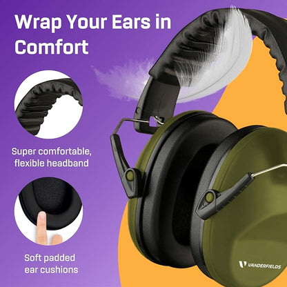 Vanderfields - Hearing Protection Ear Muffs - Over 31 dB (2K Hz) Broad Noise Cancelling Sound Reduction - Adults & Teens