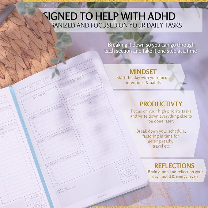 ADHD Daily Planner for Neurodivergent Adults – Premium Leather Productivity & Task Management Planner with Guided Focus Pages, 170gsm Paper, Gold Foiling & Gift Box – Undated | A5 (Teal)