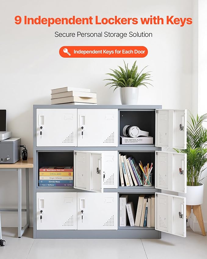 VEVOR 9 Doors Metal Locker for Employees, Steel Locking Storage Cabinet with Card Slot and Ventilation, 2 Keys for Each Door, Employee Lockers for Office, School, Gym, Home, Easy Assembly, Gray
