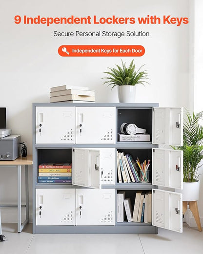 VEVOR 9 Doors Metal Locker for Employees, Steel Locking Storage Cabinet with Card Slot and Ventilation, 2 Keys for Each Door, Employee Lockers for Office, School, Gym, Home, Easy Assembly, Gray