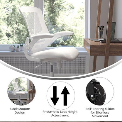 Flash Furniture Kelista Mid-Back White Mesh Swivel Ergonomic Task Office Chair with White Frame, Flip-Up Arms, and Transparent Roller Wheels
