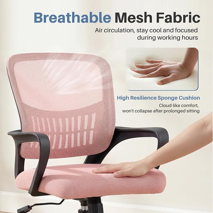 DUMOS Home Office Computer Chair - Ergonomic Mid Back Desk with Lumbar Support and Rocking Mode, Height Adjustable with Fixed Armrest, for Conference Meeting Room, 360° Swivel, Adults, Pink