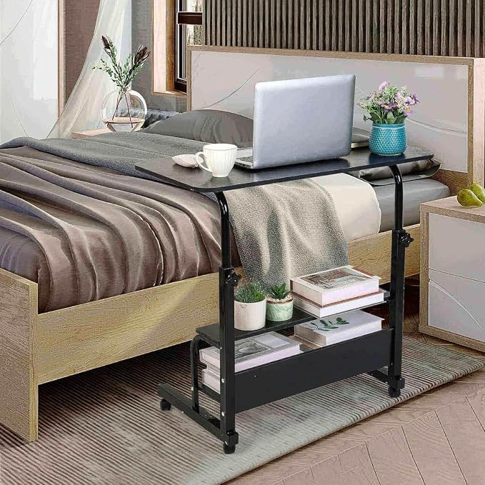 Adjustable Height Mobile Computer Desk for Small Space Rolling Table with Wheels Desk Home Office Study Desk Portable for Bedrooms Work Size 31.5x15.7 Inch Black with Storage Gaming Table B