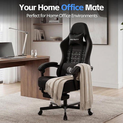 Desk Computer Gaming Chair - Ergonomic Game Office Chair with Extended Footrest and Massage Lumbar Support, Home Gamer Video Game Chairs with Spring Cushion for Adults (Pro Black Fabric)