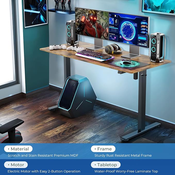 Our Modern Space Height Adjustable 55" Electric Standing Desk - Upgraded Ultra Durable Home Office Large Rectangular Computer or Laptop Sit Stand Workstation - 55 x 24 Inch (Rustic Brown, 55 Inches)
