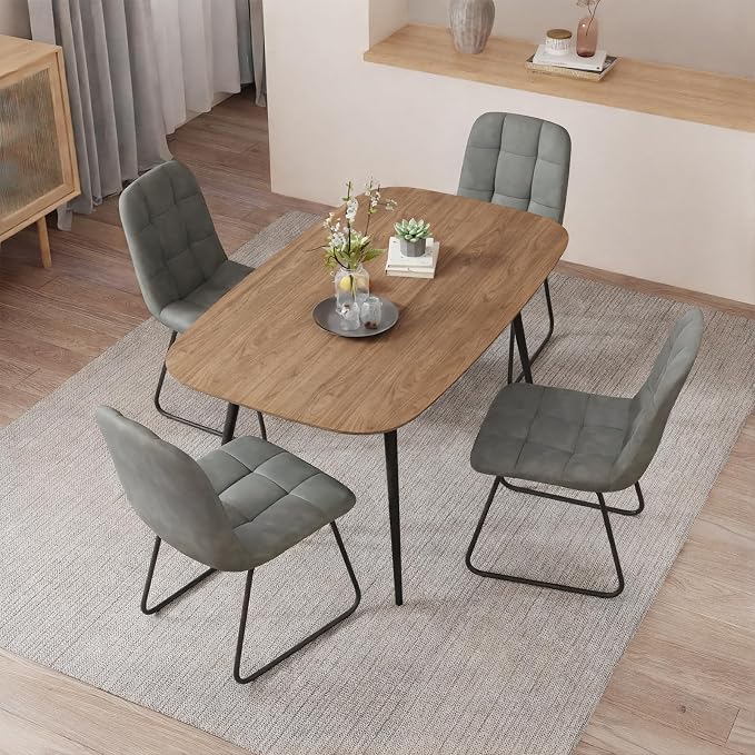 HIPIHOM 47.2'' Dining Table Set for 4,Modern Wood Dining Table,Leather Dining Chairs 4,Table and Chairs Set of 4,Ideal for Kitchen Dining Room (Walnut Color Table + 4 U-Shaped Gray Chairs, 47.2")