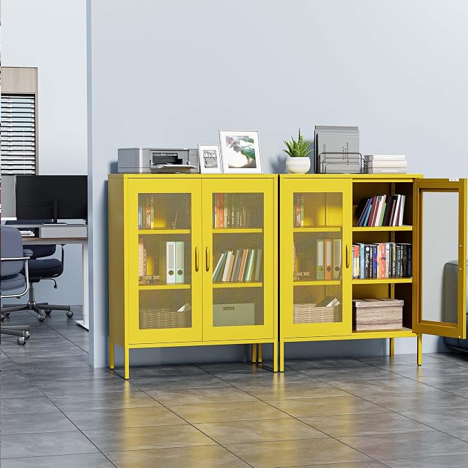 Washsemba Metal Storage Cabinet with Mesh Doors,Steel Display Cabinet with Adjustable Shelves,Metal Office Storage Locker for Home Office,Garage(Yellow, 40''H)
