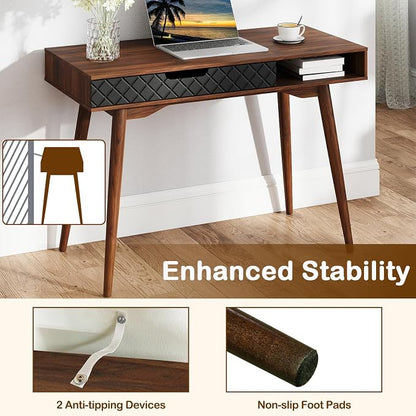 Giantex Mid Century Modern Desk, 42.5" Vintage Computer Desk with Storage Drawer & Rubber Wood Legs, Makeup Vanity Table, Wood Computer Workstation, Small Writing Desk for Bedroom, Small Space, Walnut