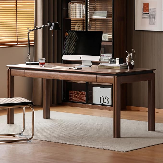 100% Solid Wood Desk, Mid Century Modern Walnut Finish Home Office Computer Writing Desk with Drawers Perfect for Study & Living Room 55.11" W