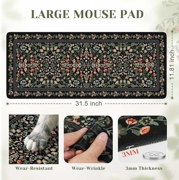 iCasso Aesthetic Floral Desk Mat, L Mouse Pads, Anti-Slip Retro Mousepad with Stitched Edges, Waterproof Computer Pad 11.8"x31.5",Desk Accessories Office Decor for Women(Black)