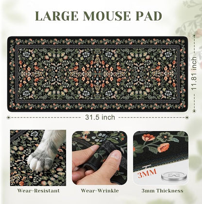 iCasso Aesthetic Floral Desk Mat, L Mouse Pads, Anti-Slip Retro Mousepad with Stitched Edges, Waterproof Computer Pad 11.8"x31.5",Desk Accessories Office Decor for Women(Black)