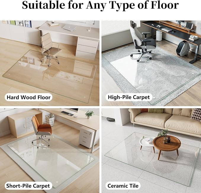 Glass Chair Mat 36" x 55" Heavy Duty Tempered Glass Office Chair Mat, Glass Floor Mat with Round Corner and Polished Edge for Smooth Glide, Office Chair Mat for Carpet, Hardwood Floor