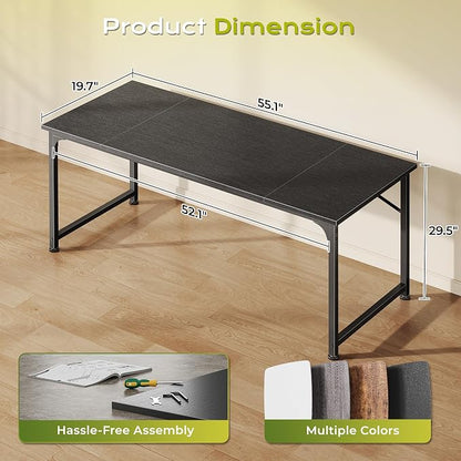 PRAISUN 55 Inch Computer Desk, Home Office Desk with Spacious Desktop, Modern Gaming Desk, Writing Study Table for Bedroom, Small Spaces, Work from Home Desk with Metal Frame, Black