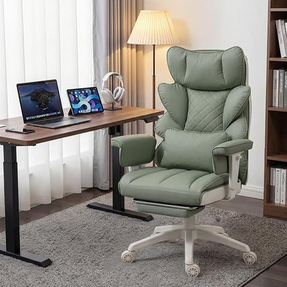 Dowinx Big and Tall Office Chair with Pocket Springs Cushion,High Back Computer Gaming Chairs with Adjustable Armrests,Executive Desk Chairs with Lumbar Support and Footrest,PU Leather-Green