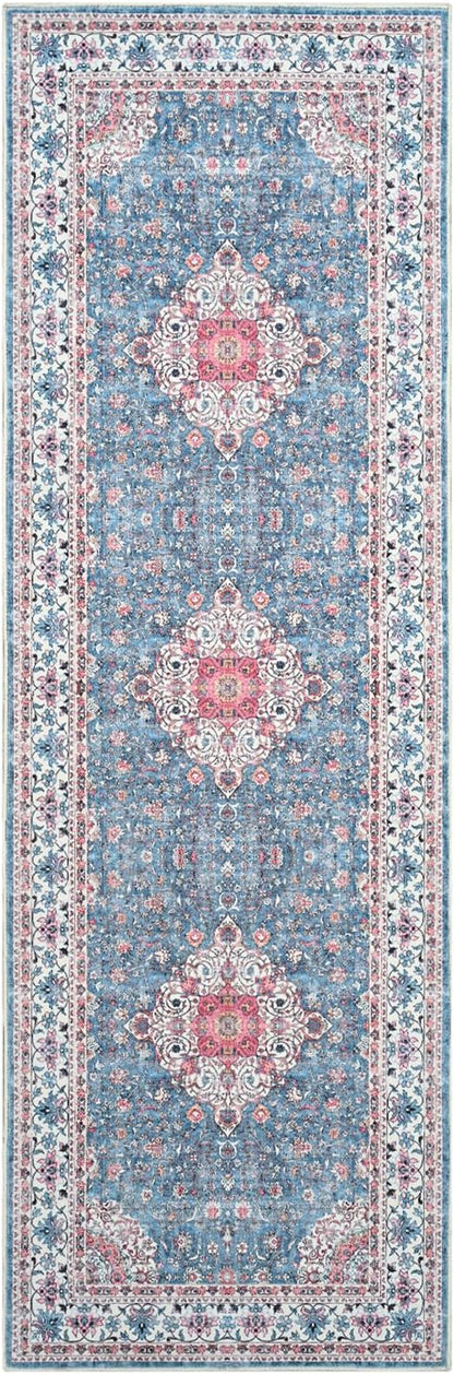 Goideal Washable Runner Rug 2x6, Vintage Rugs Non Slip, Indoor Low Pile Carpet with Rubber Backing for Kitchen Bathroom Entryway Office Bedroom,Blue & Hot Pink