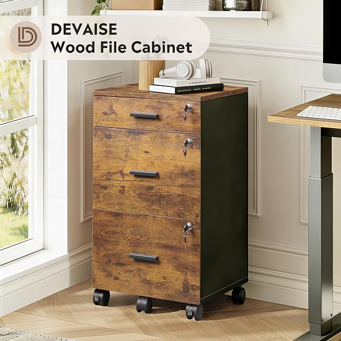 DEVAISE 3 Drawer File Cabinet with Lock & Wheels, Wood Printer Stand, Mobile Filing cabinets for Home Office, Fits Letter/A4 Size, Rustic Brown