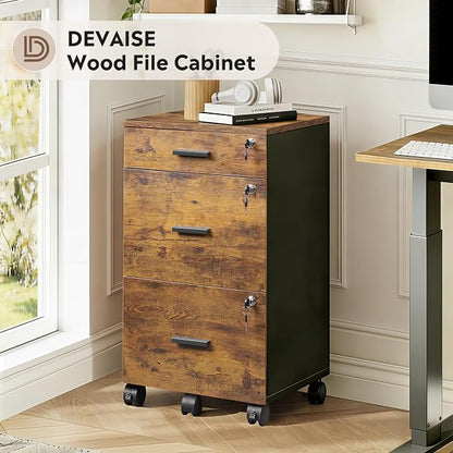 DEVAISE 3 Drawer File Cabinet with Lock & Wheels, Wood Printer Stand, Mobile Filing cabinets for Home Office, Fits Letter/A4 Size, Rustic Brown