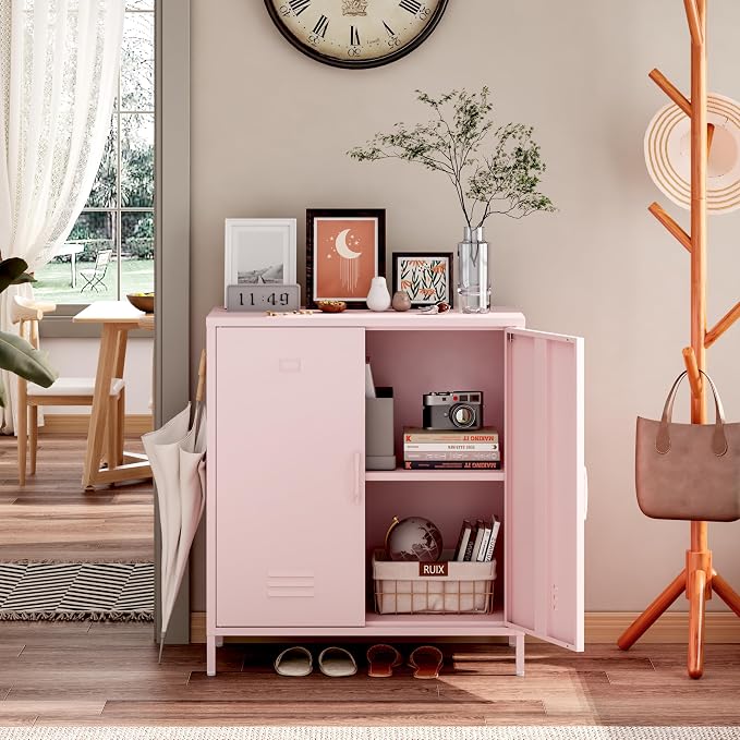 Steehoom Metal Storage Cabinet with 2 Door and Shelves, Metal Pink Locker Cabinet Console Table for School, Pantry, Dining Room, Office, Garage (Pink, H35.43'')