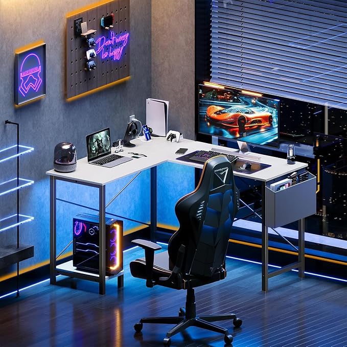 Sweetcrispy L Shaped Desk Computer Gaming Corner Table PC Workstation with CPU Stand Side Bag for Home Office Dorm Sturdy Writing Setup Furniture White 50 Inch Desk