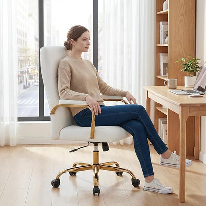 White and Gold Office Desk Chair,Leather Conference Room Chairs with Wheels,Modern High Back Executive Office Chair with Memory Foam,Ergonomic Swivel Computer Chair for Home Office