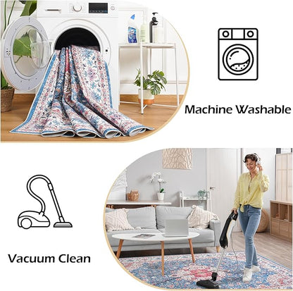 Goideal Washable Rug 3x5, Vintage Area Rugs Non Slip, Indoor Low Pile Carpet with Rubber Backing for Living Room Kitchen Bathroom Entryway Office Bedroom,Blue & Hot Pink