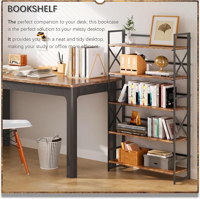 4NM Extra Wide 5 Tiers No Assembly Book Shelves, 51.2" H Folding Bookshelf Bookcase Open Industrial Foldable Shelves for Bedroom, Living Room, Home Office - Rustic Brown Black