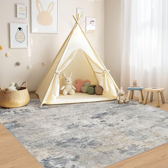UERMEI Square Area Rugs : Washable 6x6 Neutral Modern Abstract Carpet for Living Room Bedroom - Soft Floor Mat with Non Slip Backing for Kitchen Nursery Dorms Farmhouse Home Decor - Blue Grey