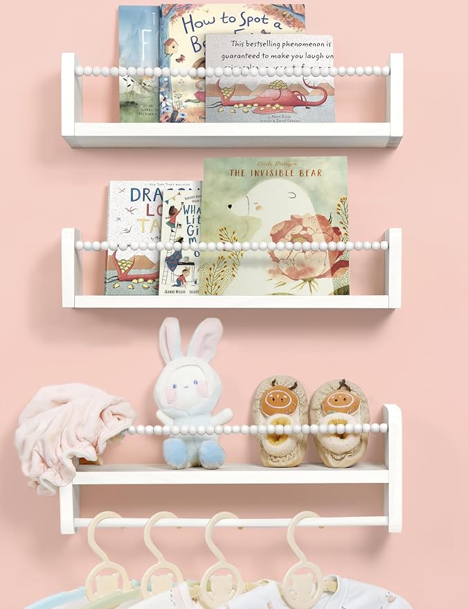 Maxpeuvon Nursery Bookshelves Set of 3, Natural Wood Nursery Floating Shelves Wall Mount Storage Shelf with Towel Bar Hainging Bookshelf for Kids Room Bedroom Living Room Decor, White