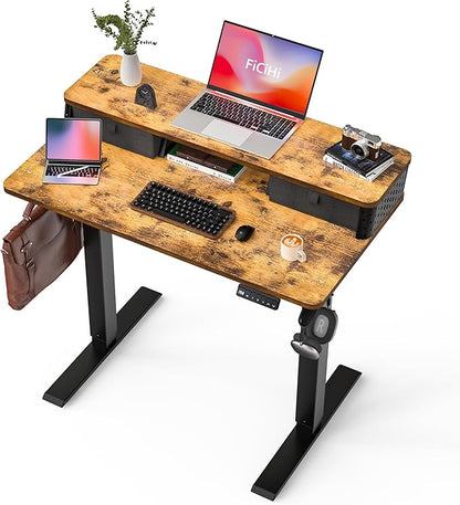FiCiHi 35x20 Inch Standing Desk with Drawers, C-Clamp Mount Compatible, Electric Adjustable Height Computer Small Stand Up Desks, Home Office Sit Stand Table with 3 Preset Heights, Rustic Brown