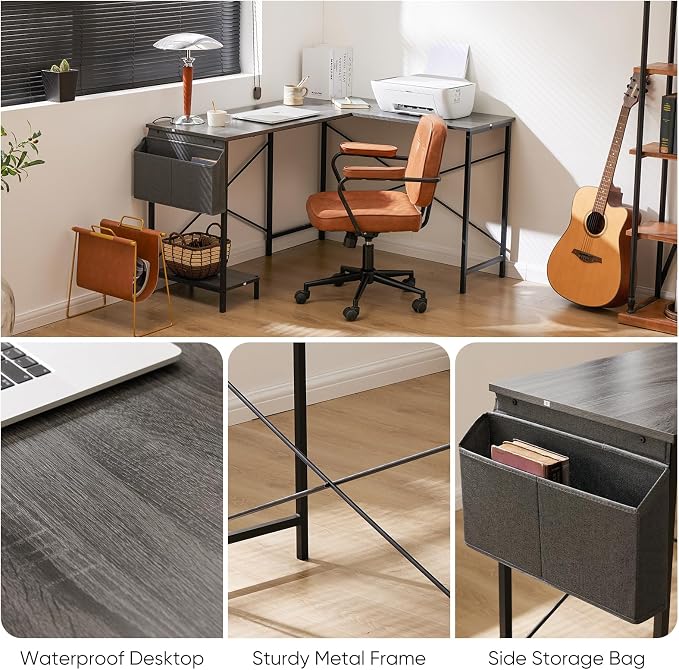 Sweetcrispy L Shaped Gaming Desk, Computer Desk Corner Desks PC Gaming Desk Table with CPU Stand Side Bag for Home Office Dorm Sturdy Writing Workstation, Grey, 50 Inch