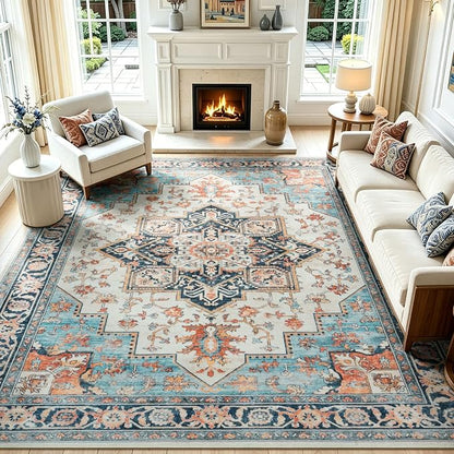 Lofus 8x10 Washable Rugs Non-Slip, Vintage Floral Area Rug for Living Room Bedroom Dining Room Kitchen, Low Pile Distress Print Carpet Home Decor Rug, Octagram Medallion Orange Blue Ivory