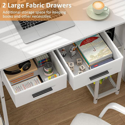 DAOUTIME White Computer Desk with Drawers, 37.3 Inch Home Office Work Desk with Storage Shelf, Kids Teens Study Table for Small Space, Small Writing PC Table for Bedroom Makeup Vanity Desk