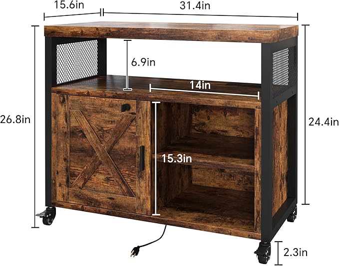FUSUNBAO Farmhouse Printer Stand with Storage, Printer Table with Charge Station and Wheels, Rolling Printer Cabinet with Shelves, Printer Cart, and File Cabinet for Home Office Storage(Rustic Brown)