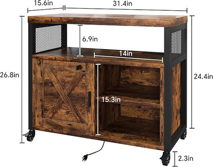 FUSUNBAO Farmhouse Printer Stand with Storage, Printer Table with Charge Station and Wheels, Rolling Printer Cabinet with Shelves, Printer Cart, and File Cabinet for Home Office Storage(Rustic Brown)