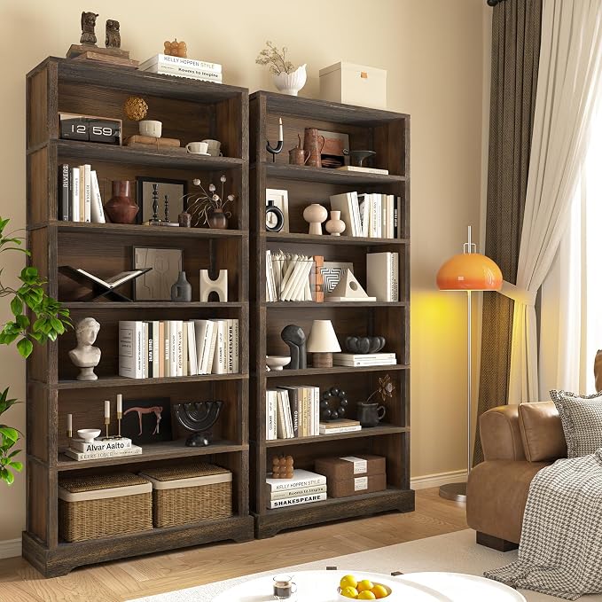 TVU 6-Tier Wooden Book Shelf, Floor-Standing Display Bookcase, 77.2" H x 31.5" W x 11" D Bookshelf, Farmhouse Style Book Case with Arched Base, Suitable for Living Room, Study, Office, Walnut