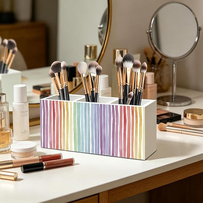 Boho Rainbow Striped Pen Pencil Holder Organizer for Office Classroom Desk Decor Accessories, Watercolor Colorful Rainbow Wood Signs Makeup Brush Toothbrush Holder for Bathroom Vanity