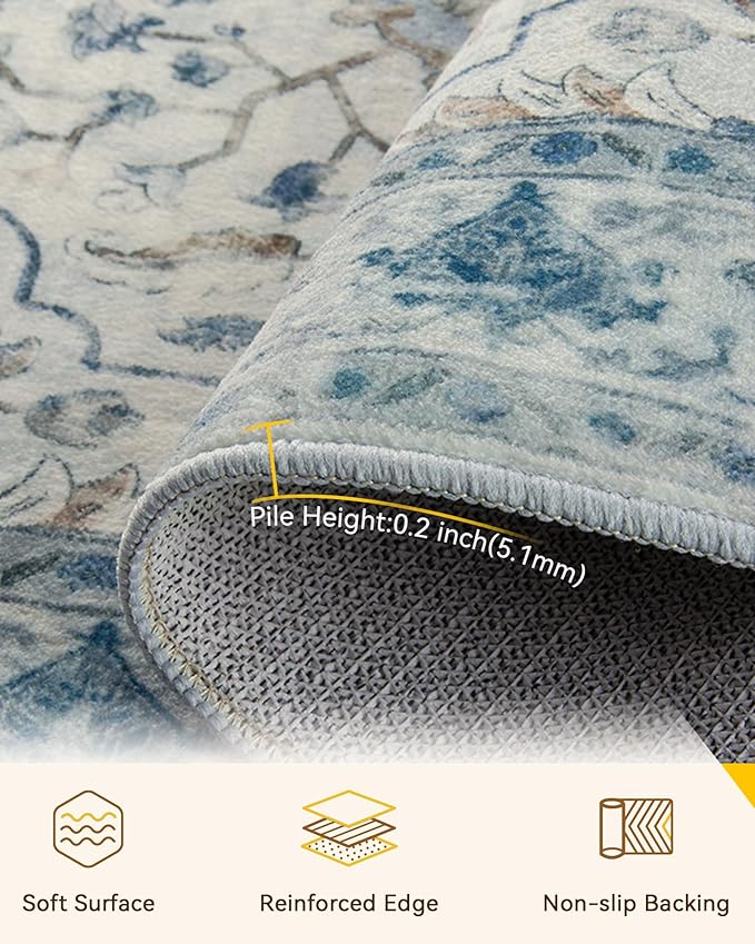 RELEANY Area Rugs 4'x6' Washable Non-Slip, Floral Vintage Distress Medallion Carpet for Living Room Bedroom Dining Room, Light Blue Navy Gray White