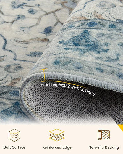 RELEANY Area Rugs Runner 2'x10' Washable Non-Slip, Floral Vintage Distress Medallion Carpet for Kitchen Hallway Bedroom Beside Laundry Room Bathroom, Light Blue Navy Gray White