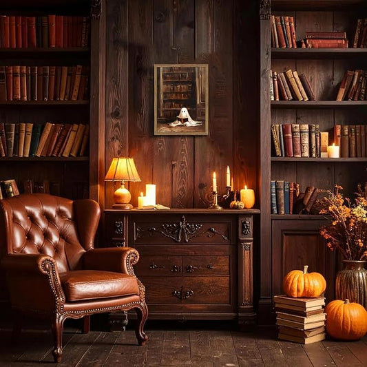 Framed Vintage Library Ghost Wall Art - Ghost Reading Canvas Print Halloween Decor, Gothic Victorian Dark Academia Halloween Wall Decor for Bedroom Office 12x16 inch Wood Frame